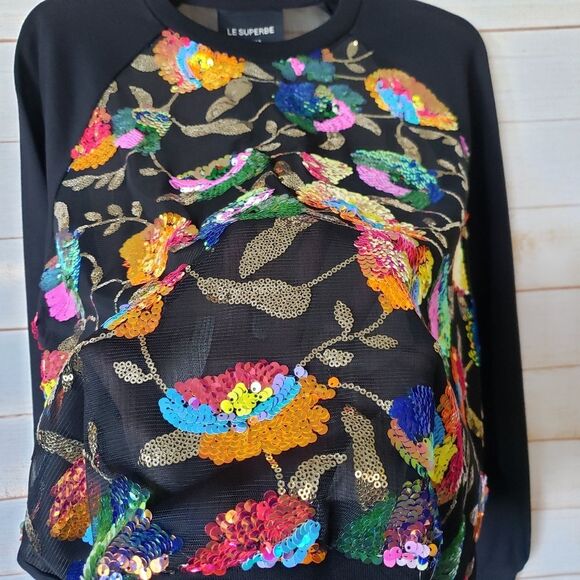 Le Superbe Glam Garden Sequined Sheer Round Neck Sweatshirt Top Women's Medium - Picture 7 of 12